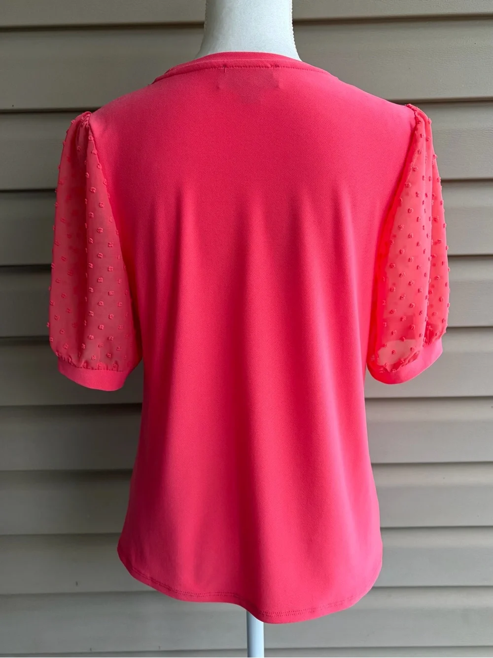 •CeCe• Coral Puff Sleeve Clip Dot Mixed Media Knit Top - Size Medium - Picture 6 of 8